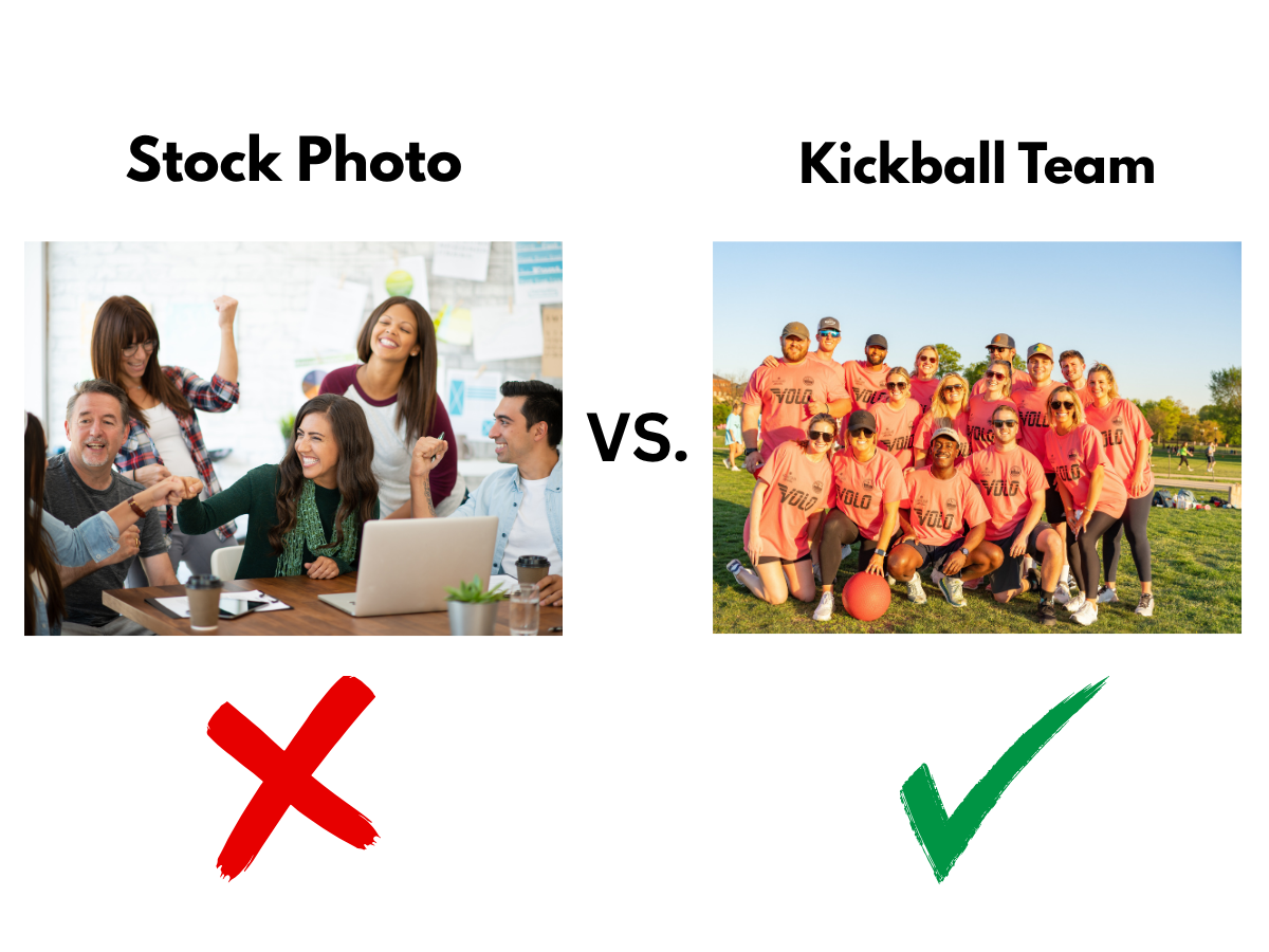 “Stock Photo” group of people around laptop marked red 'X' under it vs “Kickball Team” in orange uniforms with a green checkmark under it