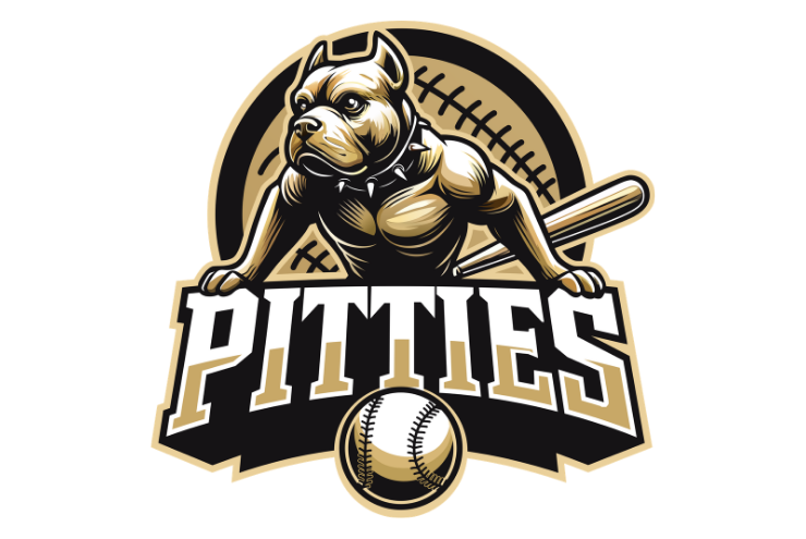 Gold and black wiffleball team logo with a Pitbull graphic over a baseball bat and wiffleball