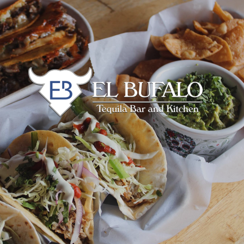 El Bufalo tacos and appetizers with the 'El Bufalo Tequila Bar and Kitchen' logo on top of image