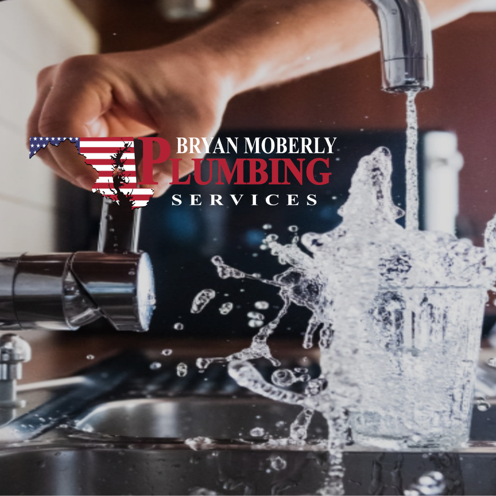 plumber turning on kitchen sink filling up a glass of water. Bryan Moberly Plumbing logo on top of image