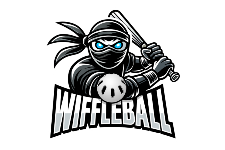 Ninja mascot holding a bat over a wiffleball logo with bold text 'WIFFLEBALL'