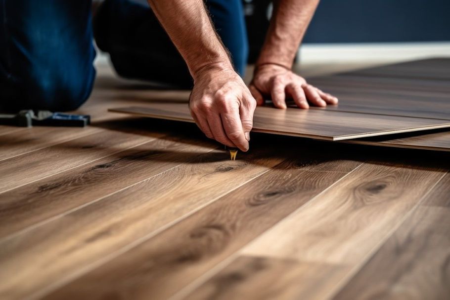 Hands installing wood floor planks on a wooden surface