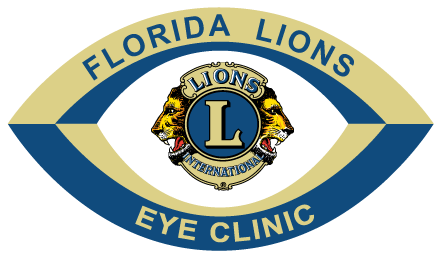 Florida Lions Eye Clinic logo: Lions Club emblem within a stylized eye shape, blue and gold.