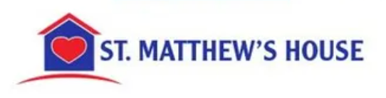 Logo for St. Matthew's House: A blue house with a red heart and the name written in dark blue.