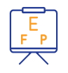 Whiteboard with the letters E, F, and P in orange, and a blue stand.