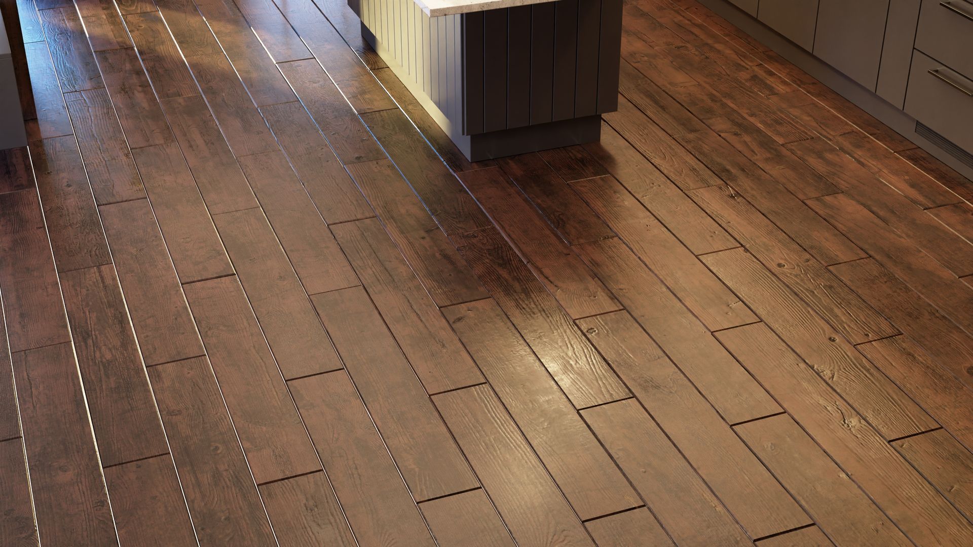 Dark hardwood floor in a kitchen with a glossy finish.