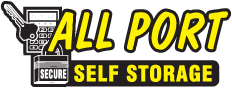 The logo for all port self storage is yellow and black.