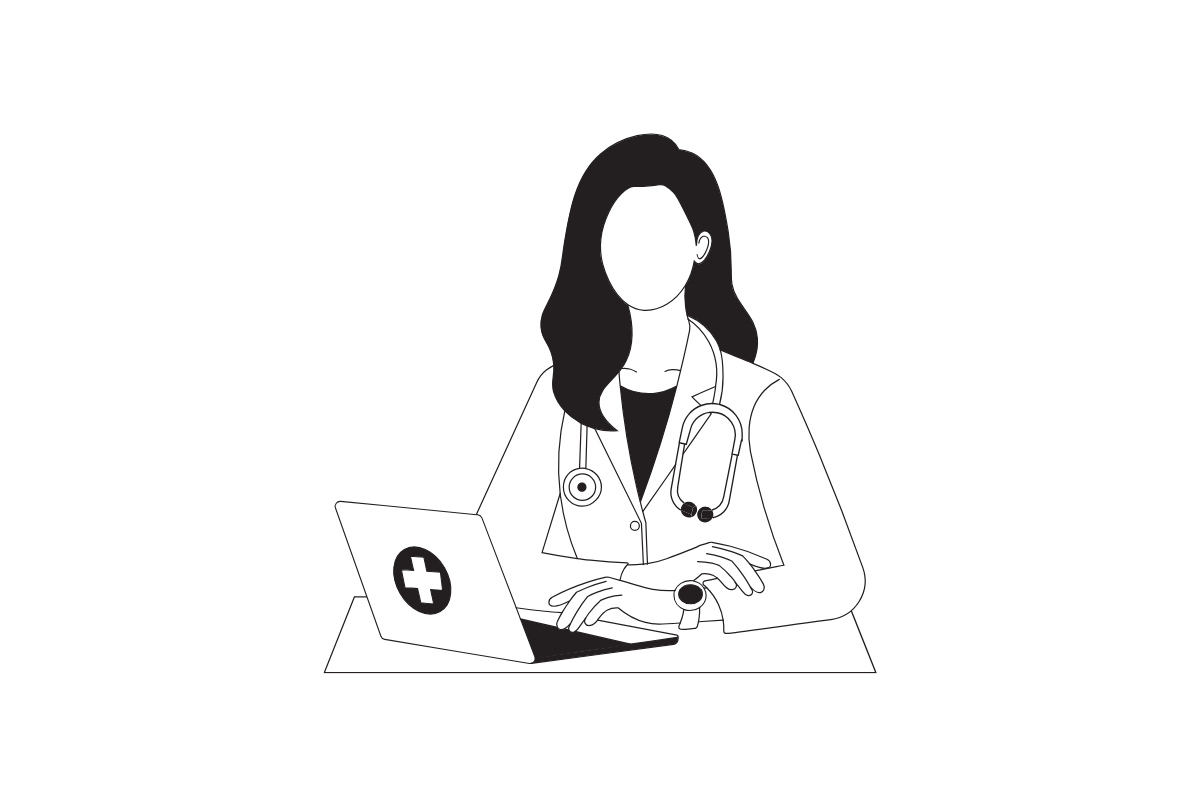 A doctor sitting at a desk with a laptop displaying a medical cross symbol.