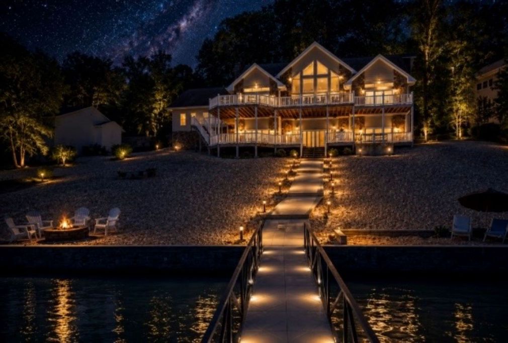 An aerial view of a house sitting on top of a hill next to a body of water.