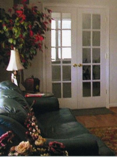 Living room with dark green sofa, floral arrangement, and white French doors with glass panes