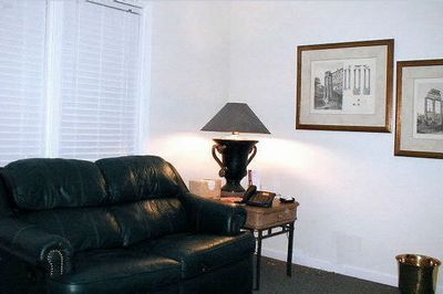 Living room with dark leather sofa, table lamp, and framed wall art