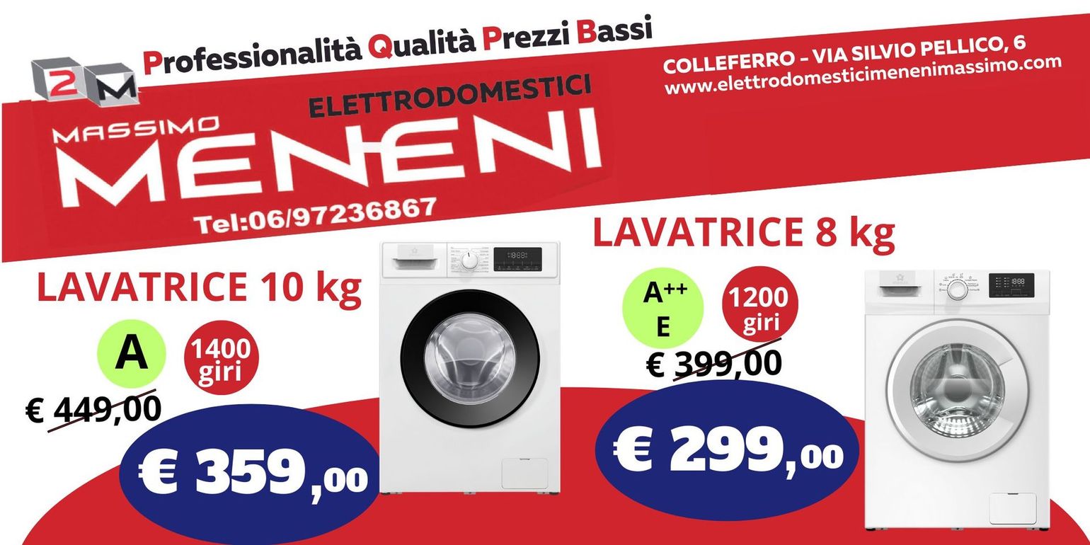 Pubblicità del negozio di elettrodomestici 2M Massimo Meneni con sconti su una lavatrice da 10 kg e una lavatrice da 8 kg.