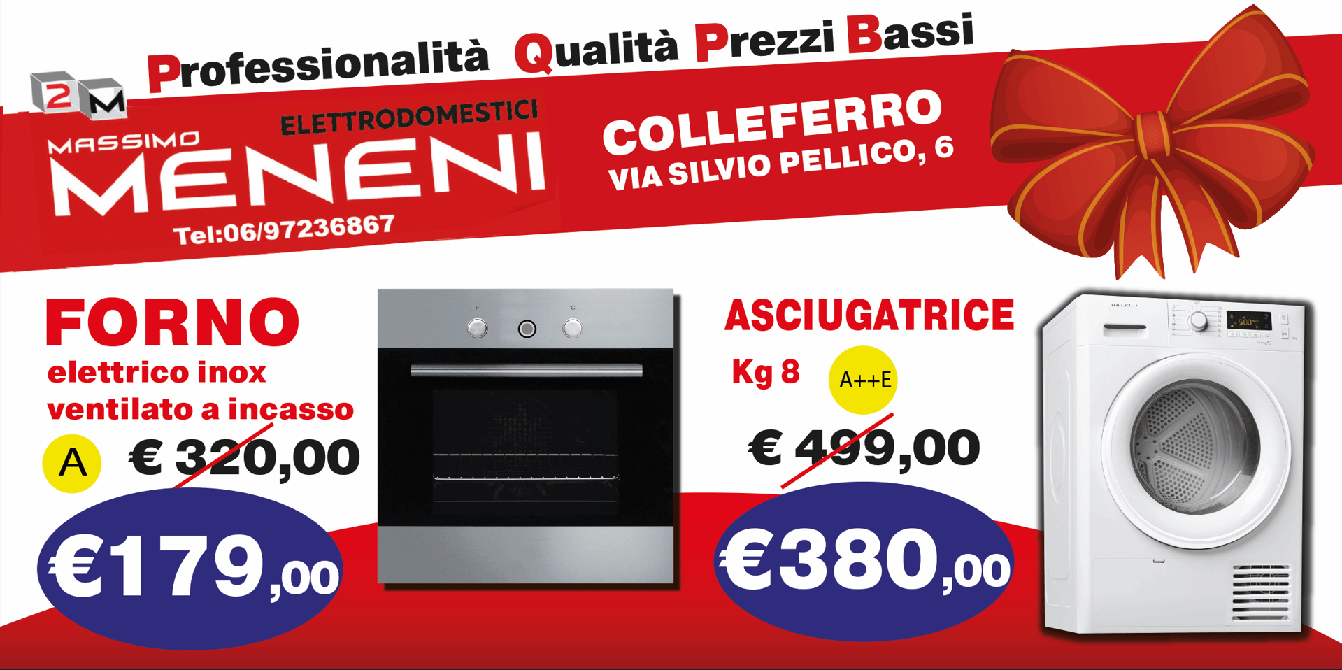 Volantino promozionale degli elettrodomestici Massimo Meneni a Colleferro, con in offerta un forno in acciaio inox e un'asciugatrice da 8 kg.