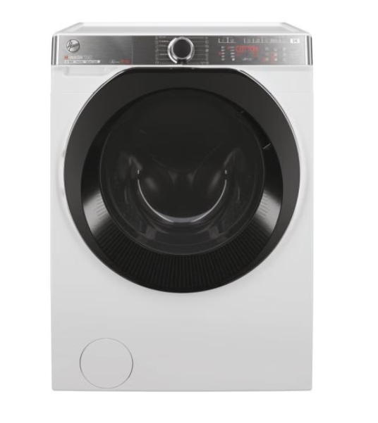 Lavatrice Hoover a carica frontale di colore bianco, con un ampio oblò circolare nero e un pannello di controllo con quadrante argentato.