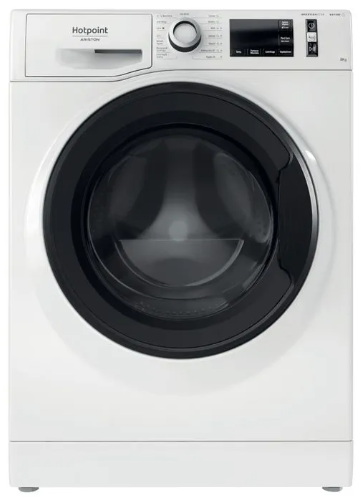 Lavatrice Hotpoint a carica frontale di colore bianco con oblò circolare in vetro con bordo nero, manopola di controllo e display digitale.