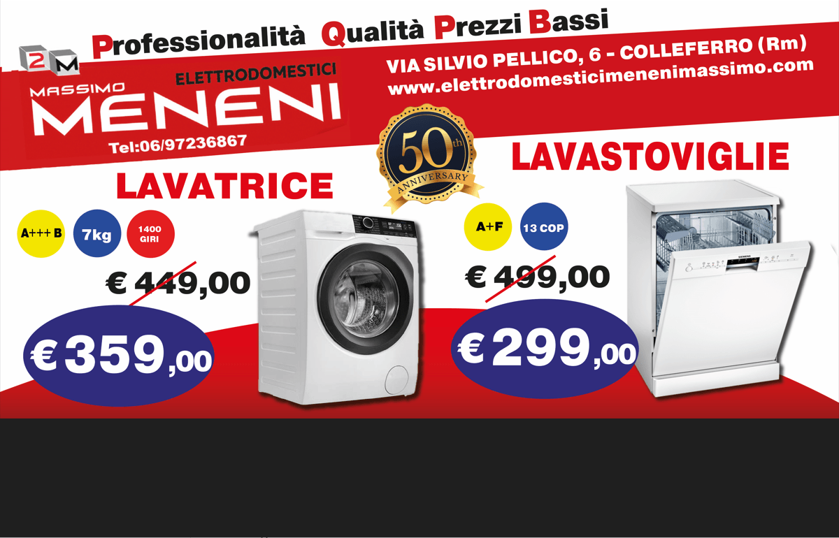 Volantino promozionale di Meneni Appliances a Colleferro, con offerte scontate su lavatrici e lavastoviglie.