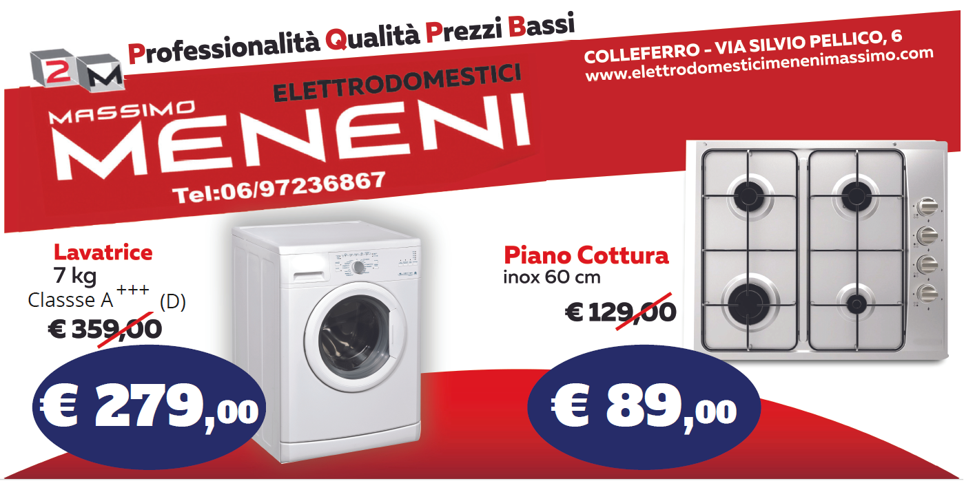 Volantino promozionale degli elettrodomestici Massimo Meneni, con lavatrice a 279 € e piano cottura a 89 €.