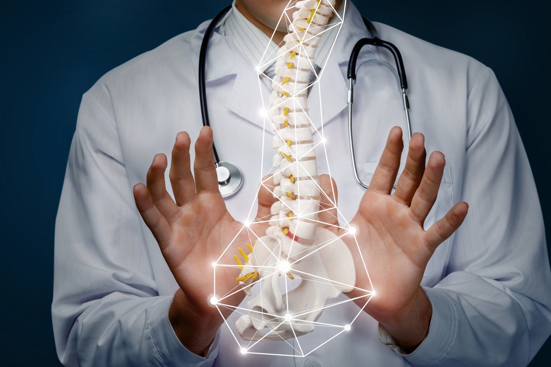 Doctor holding a glowing spine illustration with network connections, against a blue background.