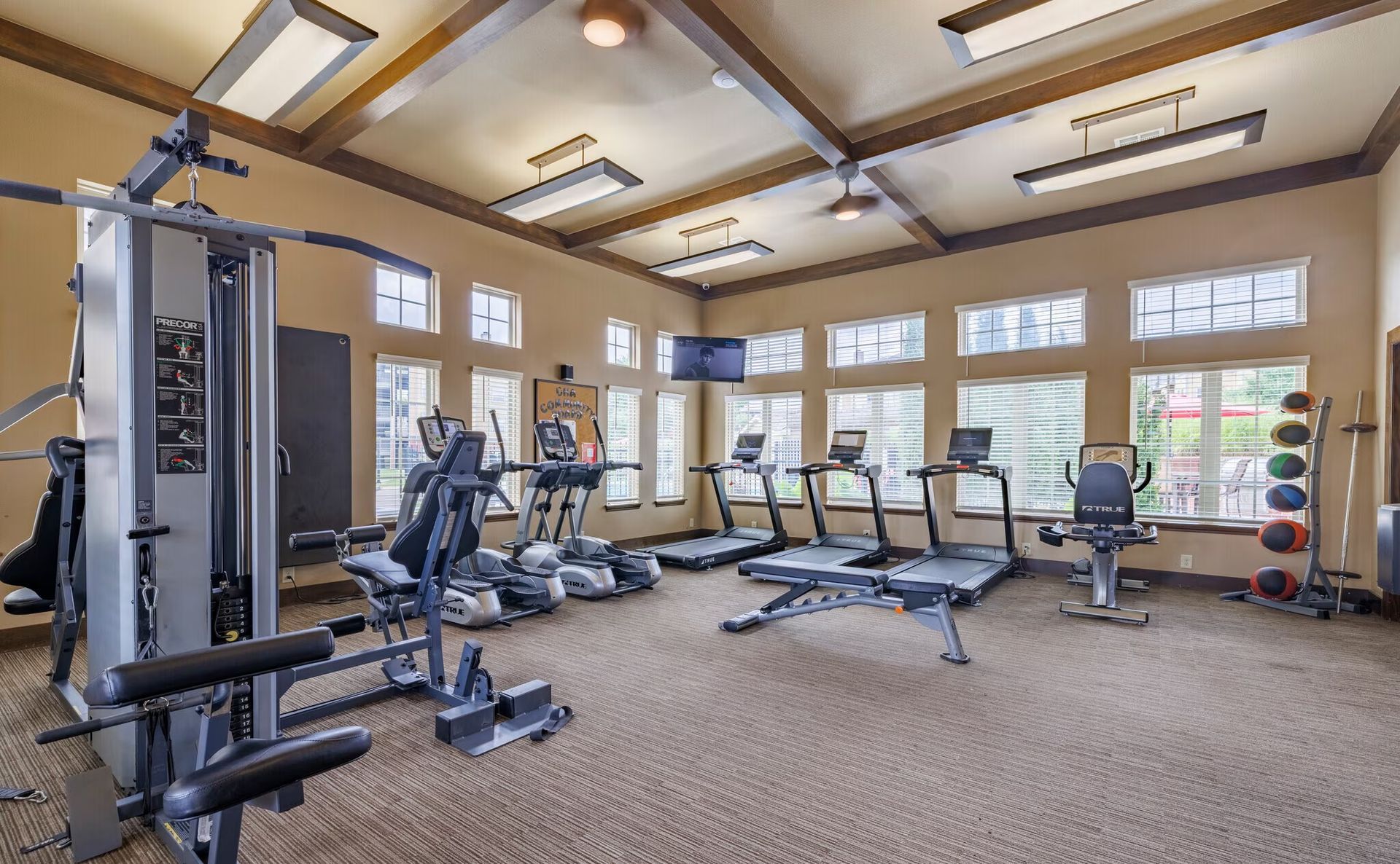 An indoor gym featuring multiple treadmills, exercise machines, and a wall-mounted television under wood-beamed ceilings.