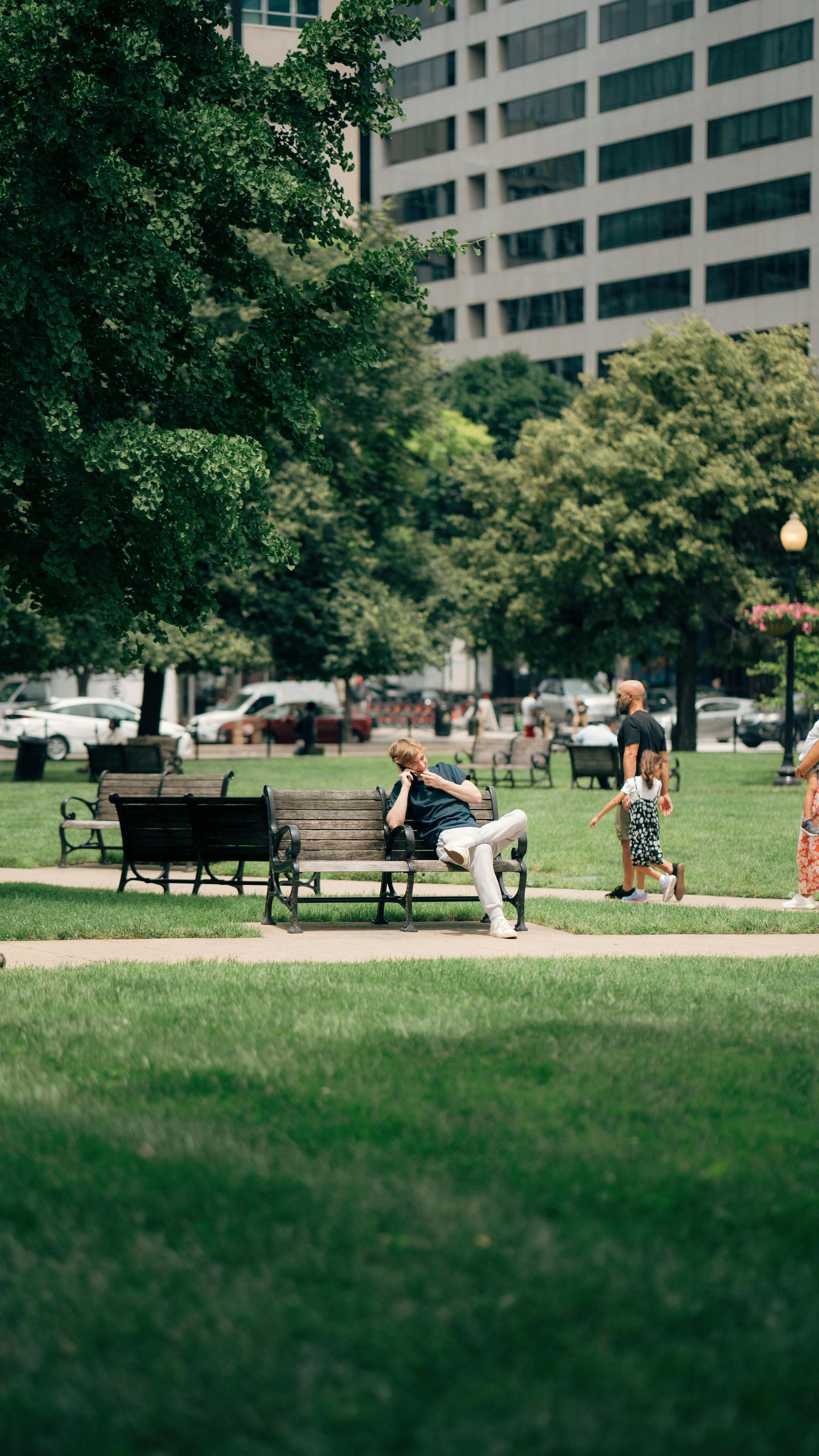 People enjoying outdoor park with green grass on a sunny day