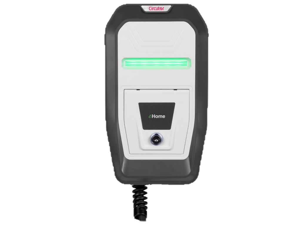 Estación de carga EV, gris y blanca con indicador LED verde, cable de carga negro.