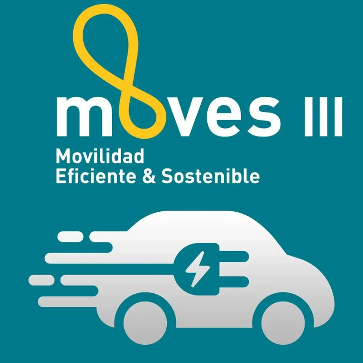 Logotipo para MOVES III: Coche eléctrico con icono de enchufe, texto “moves III” y “Movilidad Eficiente & Sostenible” en fondo verde azulado.