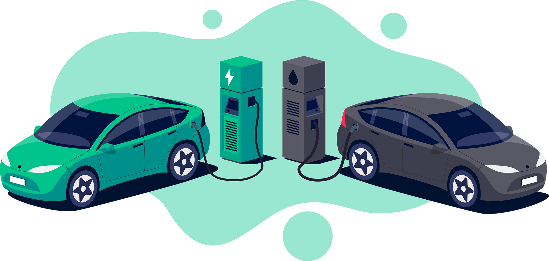 Dos coches cargándose en estaciones de carga: un coche verde y un coche gris.