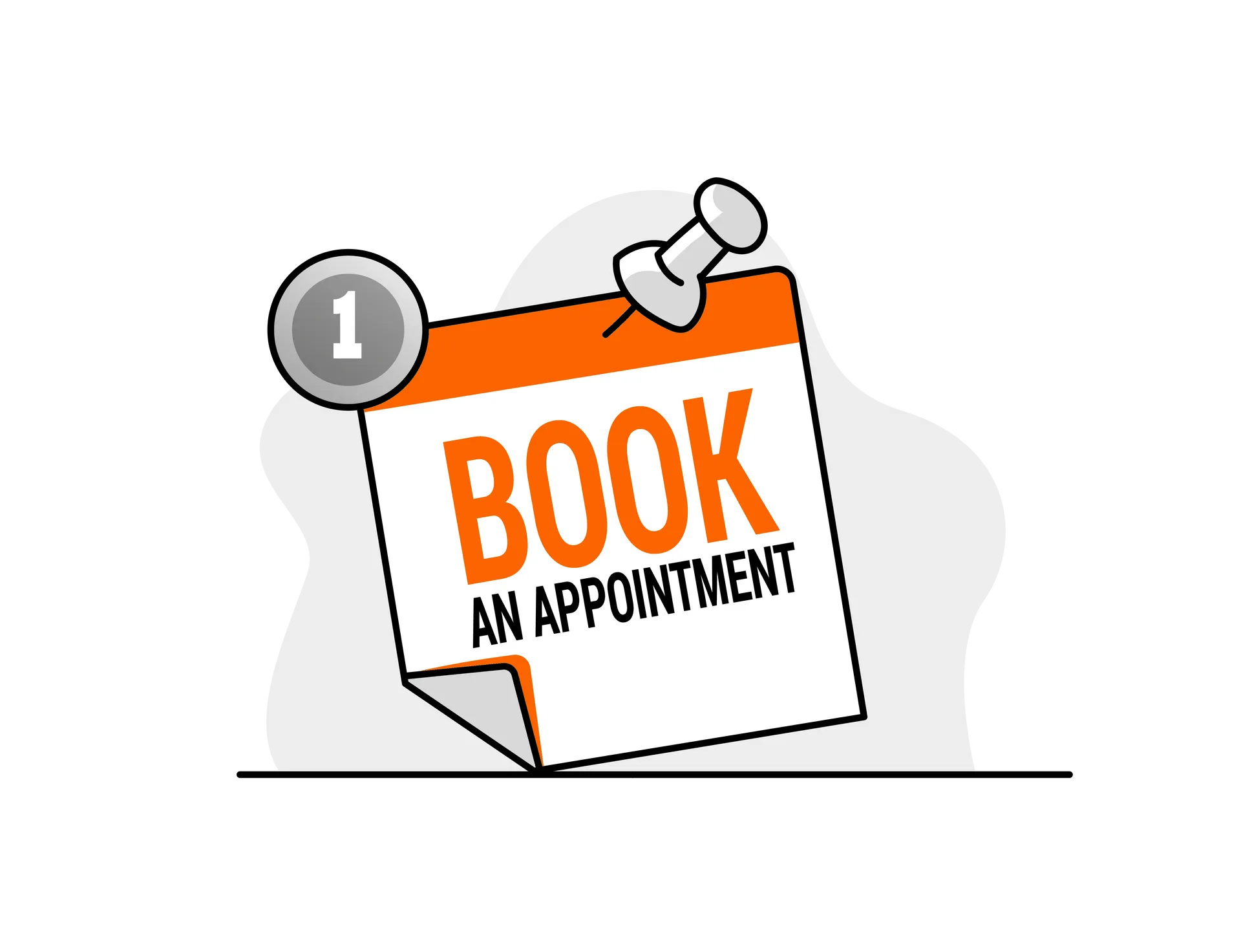 Calendar icon with “BOOK AN APPOINTMENT” note and pushpin, in orange and gray