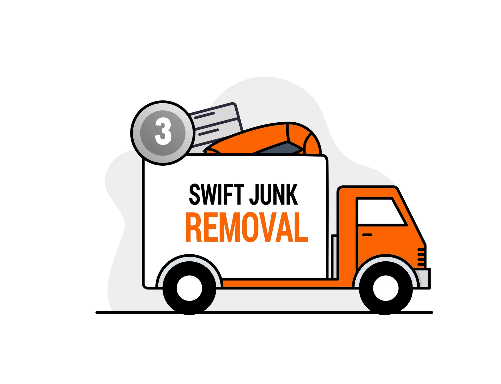 Swift Junk Removal truck logo with orange and white garbage truck carrying junk