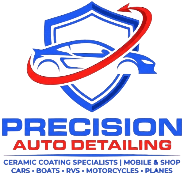 Precision Auto Detailing logo with blue shield, car outline, and red swoosh; services listed below