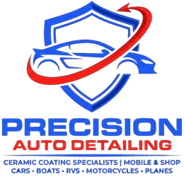 Precision Auto Detailing logo with blue shield, car outline, and red swoosh; services listed below