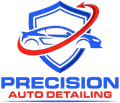 Blue shield car logo with red swoosh and text “PRECISION AUTO DETAILING”