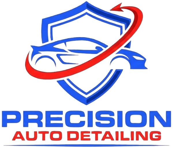 Blue shield car logo with red swoosh and text &ldquo;PRECISION AUTO DETAILING&rdquo;