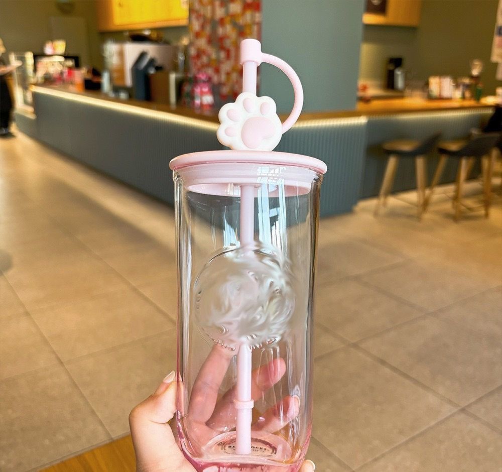 星巴克 STARBUCKS 三角底玻璃吸管杯 貓爪 三角底 玻璃吸管杯 吸管杯 貓咪 紫色