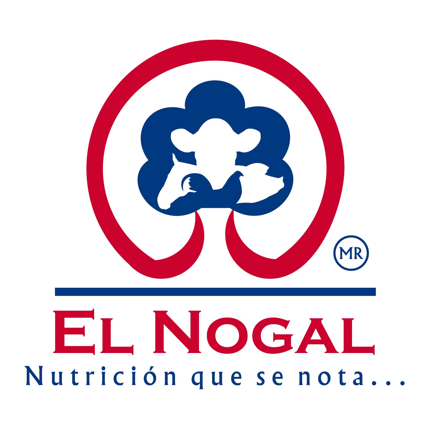 Logotipo de El Nogal. Árbol con contorno rojo y silueta de vaca en azul. Texto «El Nogal» en azul, «Nutrición que se nota,»