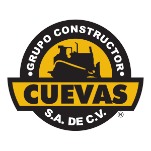 Logotipo de Grupo Constructor Cuevas SA de CV, presenta la silueta de una excavadora amarilla en un emblema negro y amarillo.