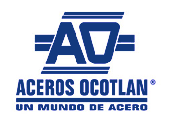 Logo para Aceros Ocotlan: Letras "AO" Y el texto lee "Aceros Ocotlan® UN MUNDO DE ACERO"