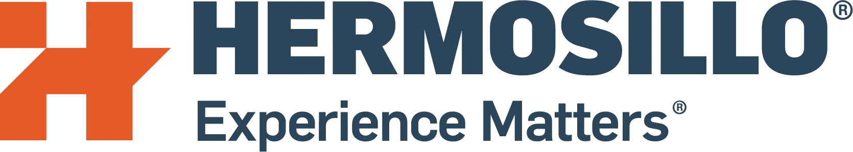 Logotipo "HERMOSILLO" en texto azul oscuro, icono "H" estilizado en naranja y el eslogan "La experiencia importa".