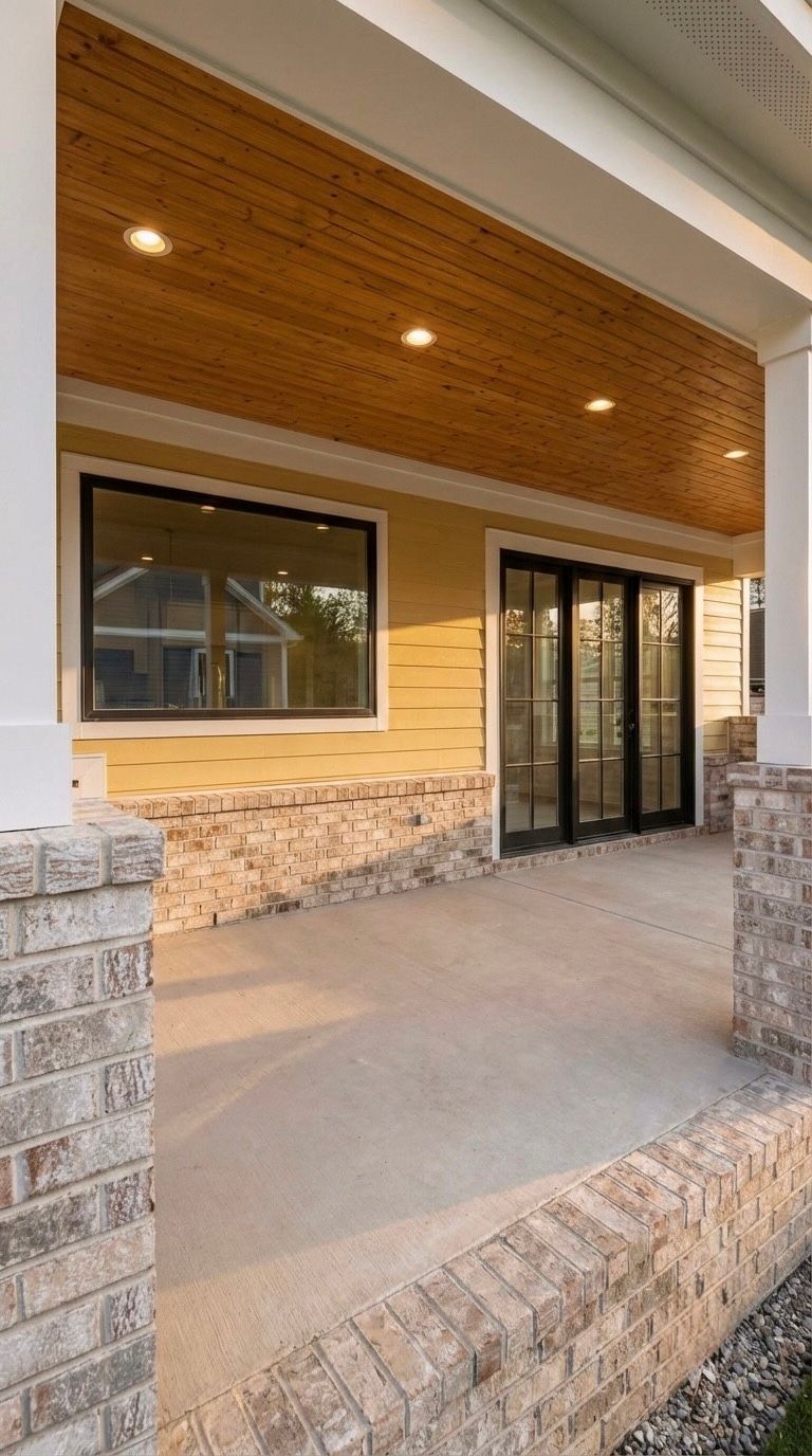 Covered porch with stone columns, wood ceiling, and glass double doors on a house exterior at redwood roofing