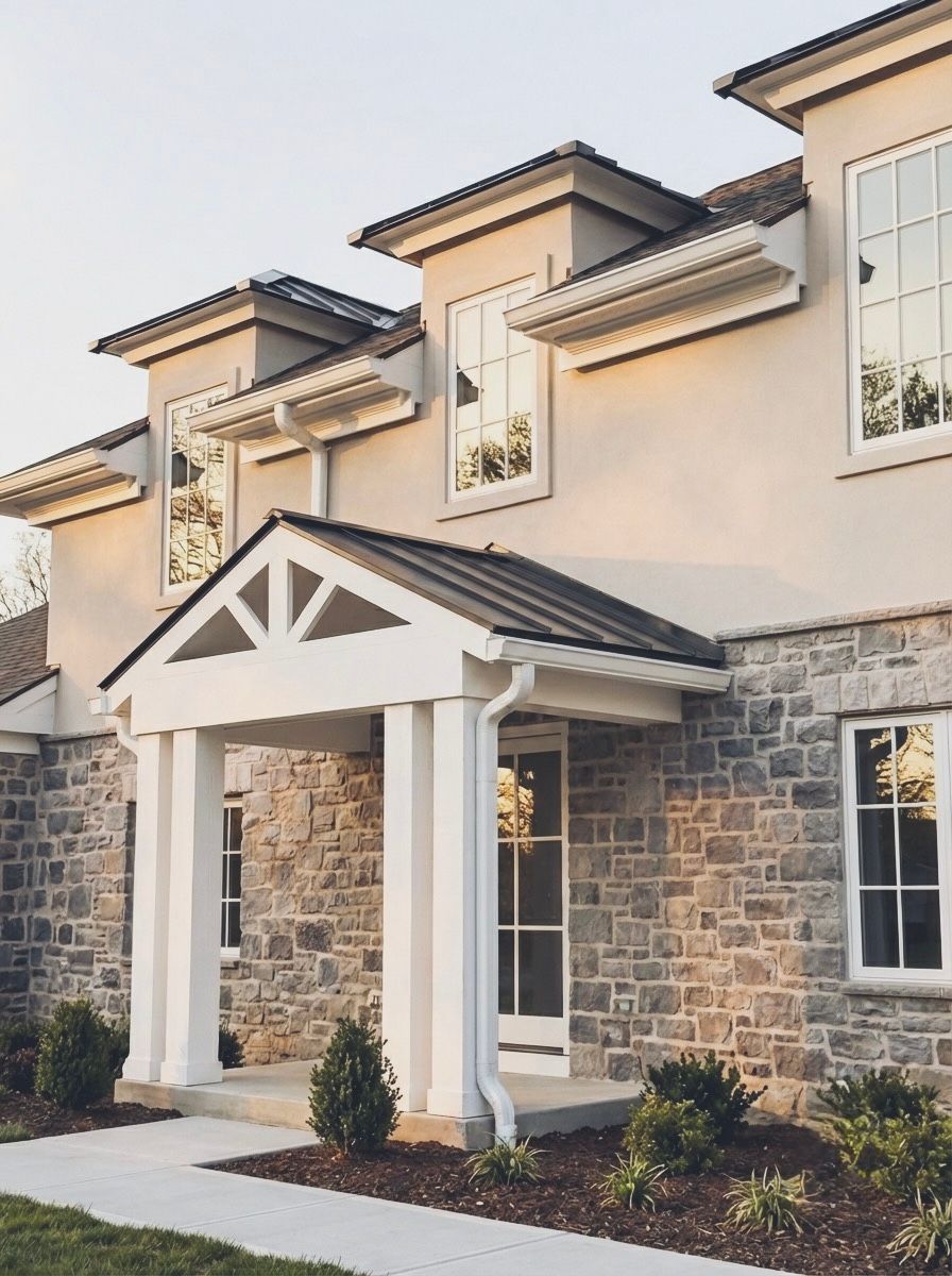 Modern townhouse exterior with stone and white siding, covered entry, and dormer windows at redwood roofing