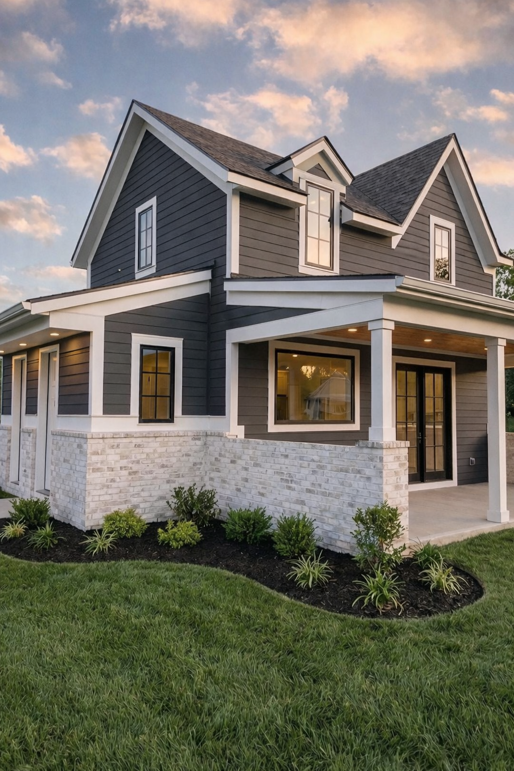 Modern two-story gray house with white trim, stone accents, and a manicured lawn at sunset at redwood roofing