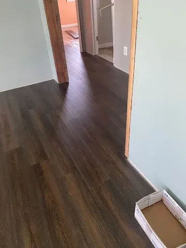View through a doorway showing dark wood-look plank flooring leading into another room with pale green walls.