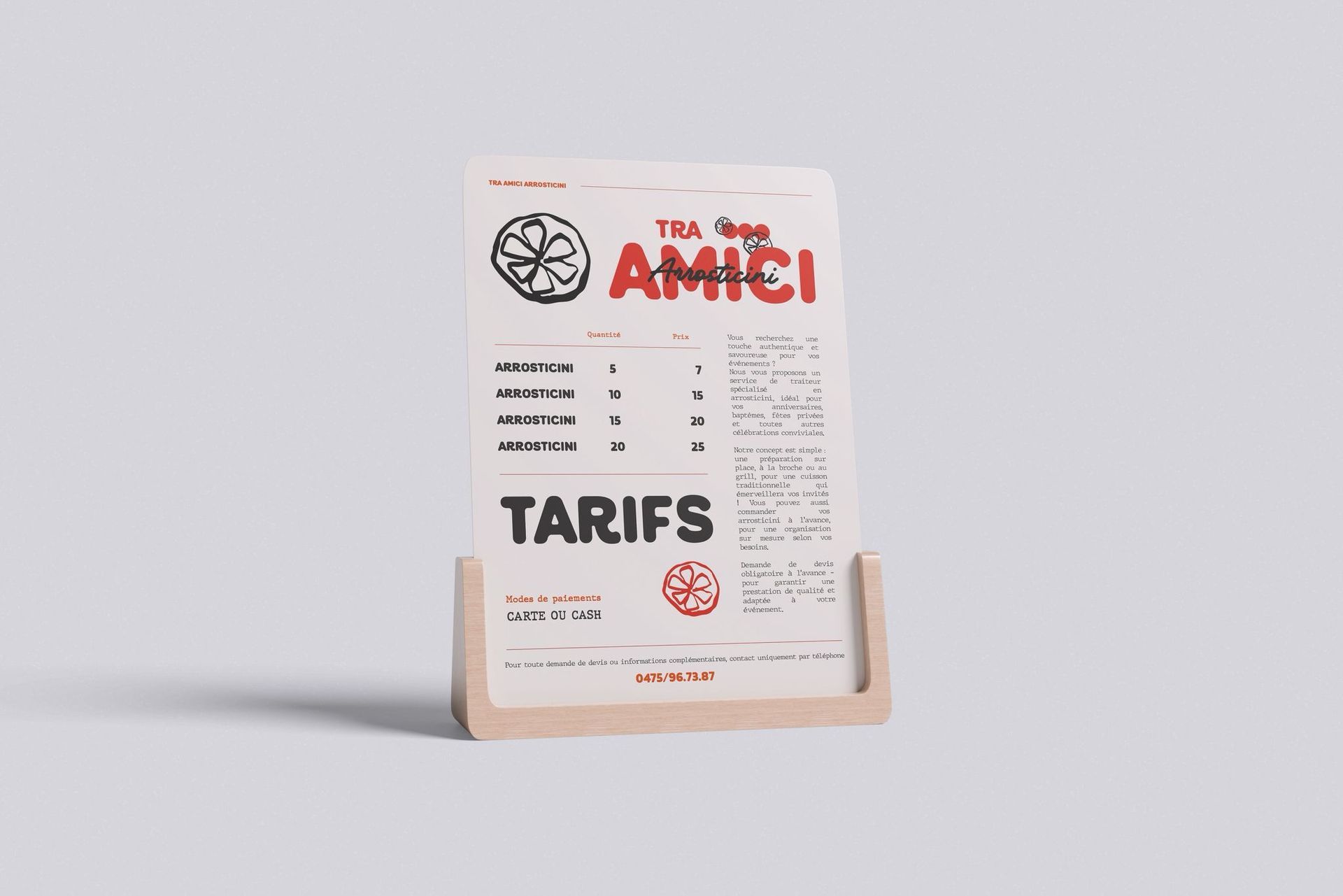 Menu du magasin Amici, avec la liste des tarifs et une illustration de pizza.