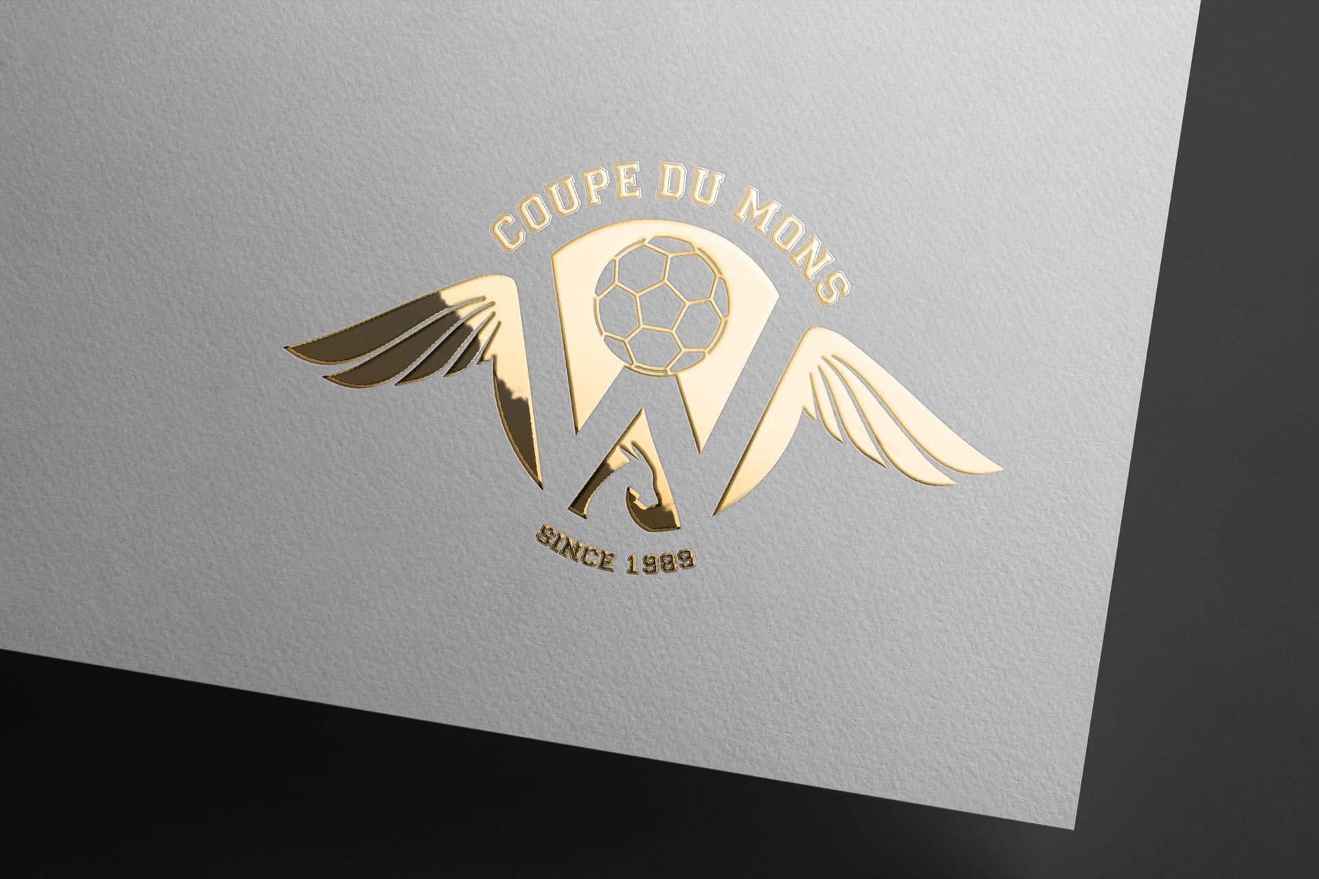 Logo doré avec ailes et ballon de football, inscription « COUPE DU MONDE ». « FRANCE 1902 » en dessous.