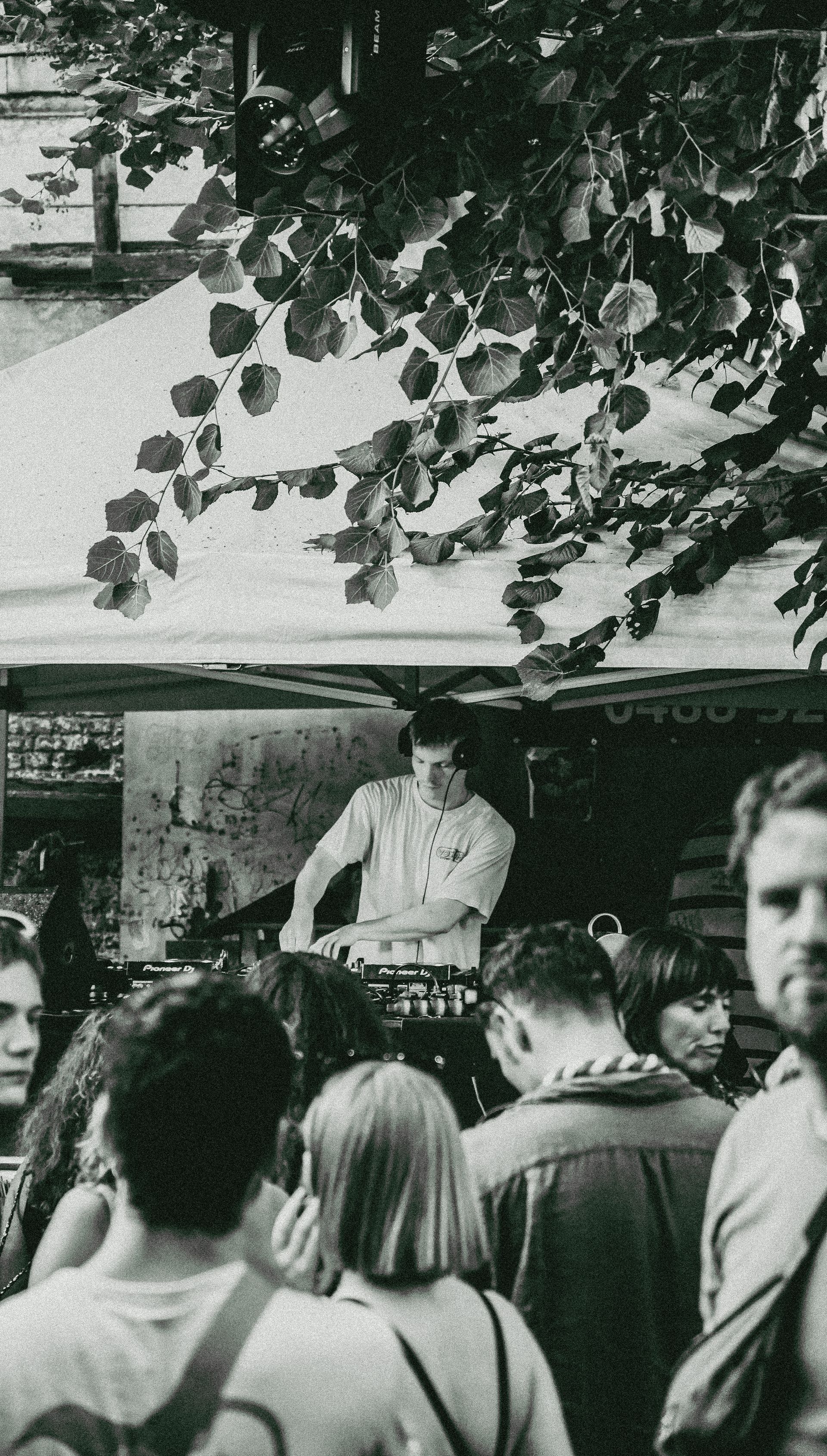 Un DJ mixe en plein air, sous les arbres, pour une foule. Les gens écoutent, certains regardent le DJ.