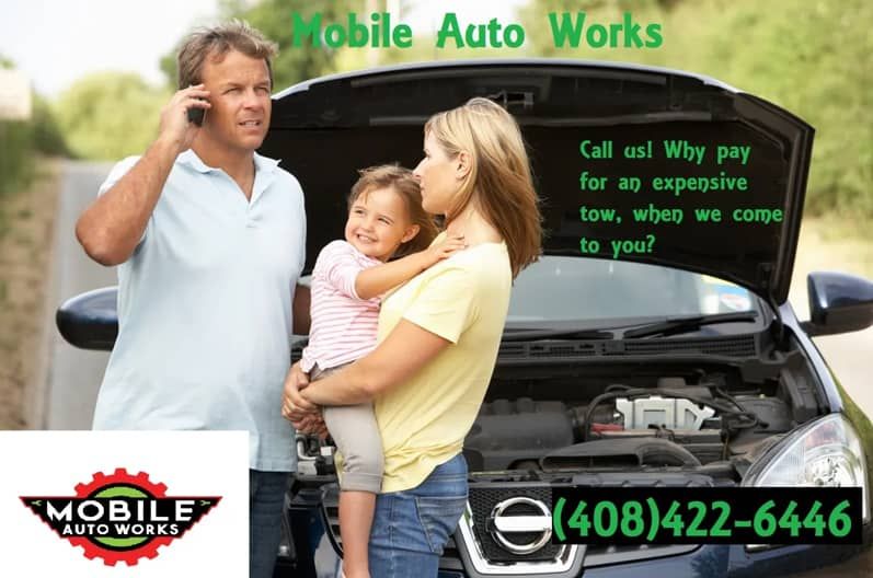 Family with a broken-down car, man on phone, woman holding child. Advertisement for mobile auto repair services.