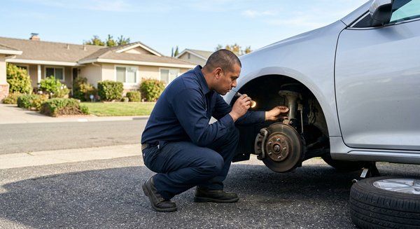 Man checking a car engine with a phone in a suburban driveway