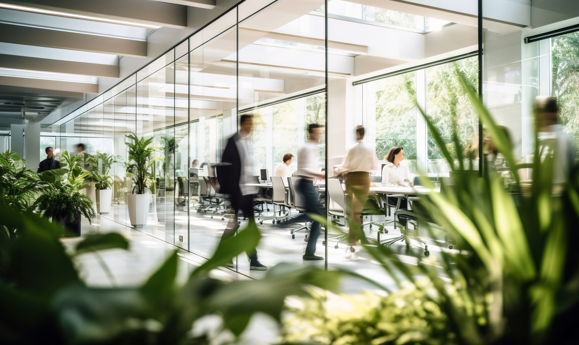 Bureau moderne et lumineux avec des murs en verre, des personnes travaillant à des bureaux et des plantes vertes au premier plan.