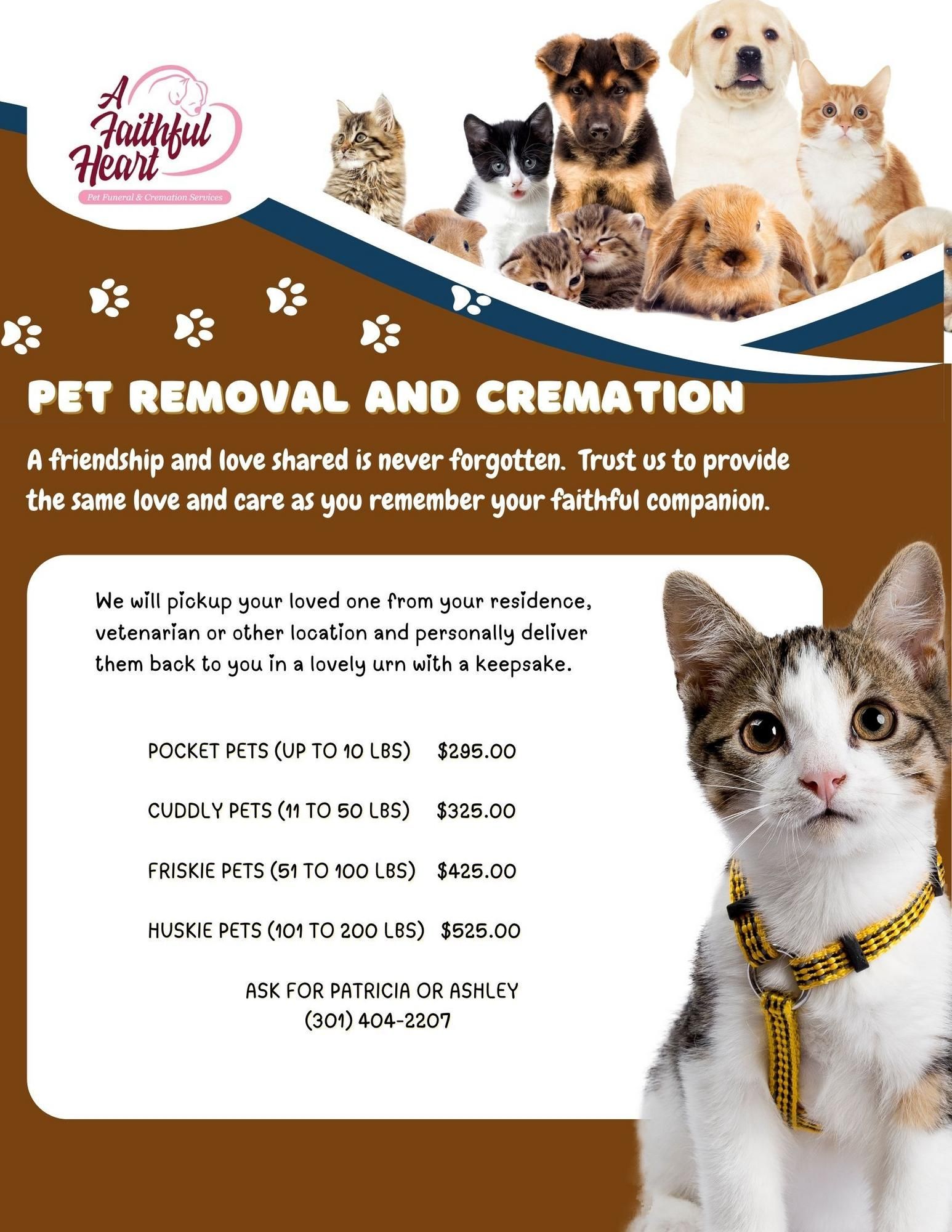 Pet removal and cremation flyer with pet photos and contact details on an orange-brown background
