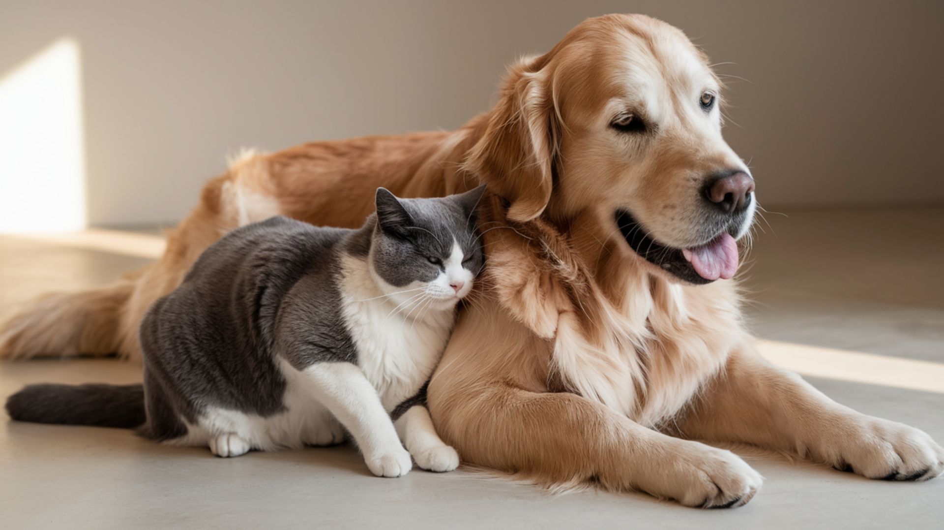 Golden retriever lying beside a gray-and-white cat on a sunlit floor